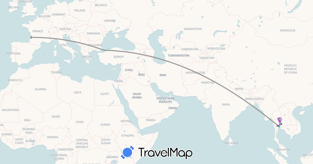 TravelMap itinerary: bus, plane, train in France, Thailand, Turkey (Asia, Europe)